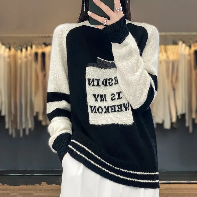 Rarove-Autumn and winter letter jacquard embroidery cashmere sweater sweater women's pullover loose and fattening.