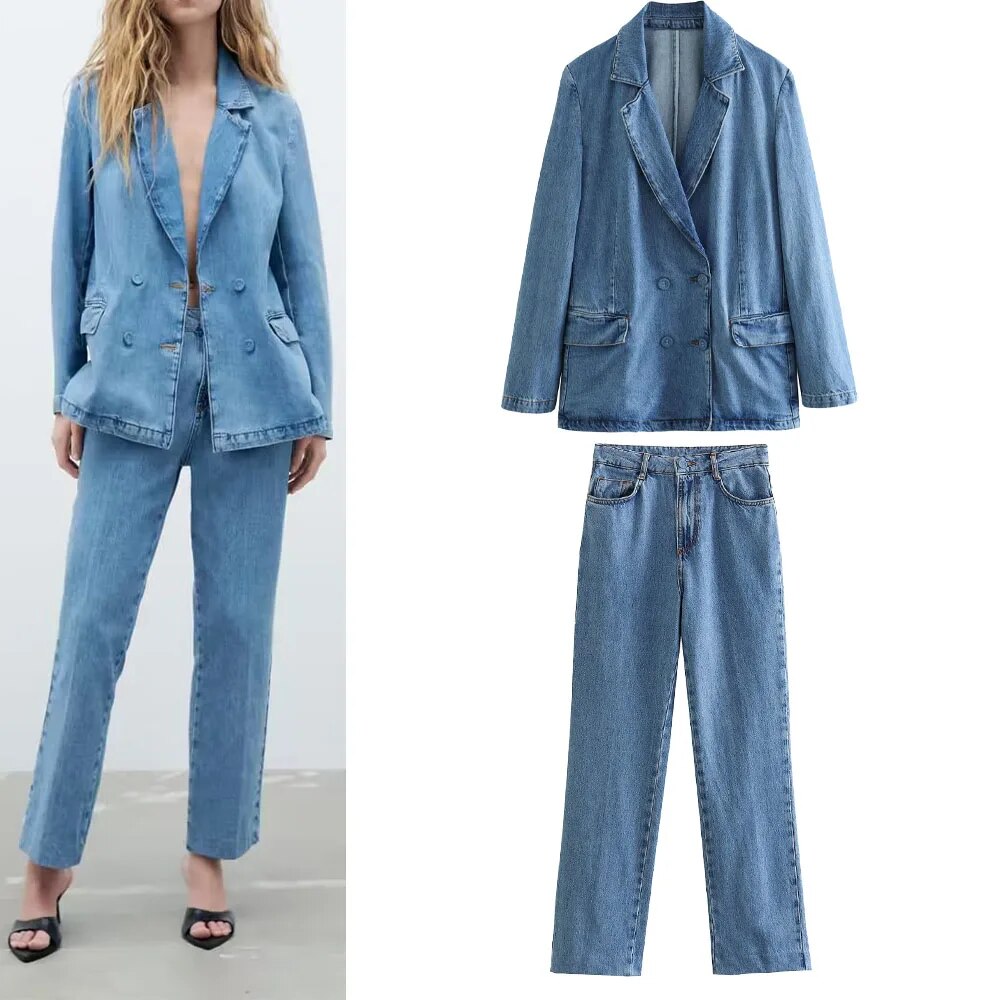 Rarove - New Women's Front Zipper and Matching Lined Button Closure Straight Barrel High Waist Jeans Double breasted Suit Coat