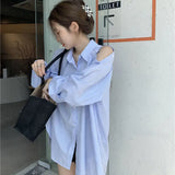 Rarove-2024 Spring/Summer Fashion Off Shoulder Blue Striped Long Sleeve Women Chemise Femme Chic High Street Blouse Oversize Hollow Out Shirts Turn Down Collar