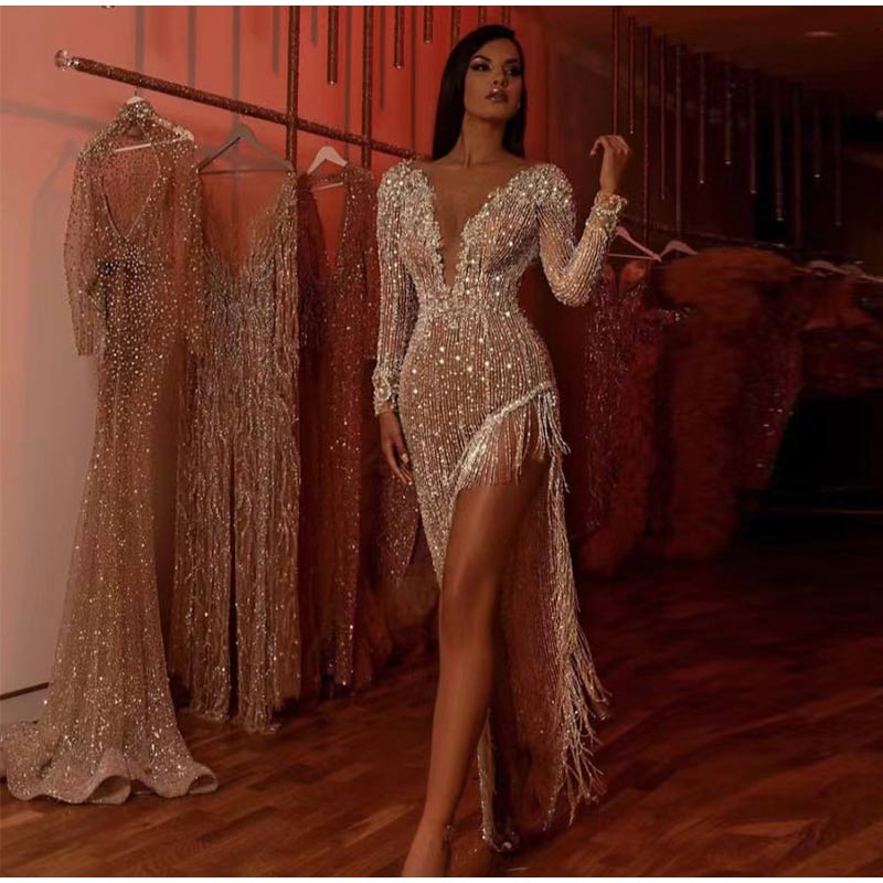 Rarove Mermaid Prom Gowns  Long Sleeves Deep V-Neck Sparkly Beaded Tasseles High Spilt  Evening Dress   Party Dress for Womens