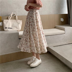 RAROVE Graduation Gift Back to School Season Vintage Floral Print A-line Pleated Long Skirts Summer Women Korean Skirt Streetwear Drawstring Elastic Waist Midi Skirt0309