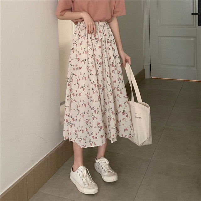 RAROVE Graduation Gift Back to School Season Vintage Floral Print A-line Pleated Long Skirts Summer Women Korean Skirt Streetwear Drawstring Elastic Waist Midi Skirt0309