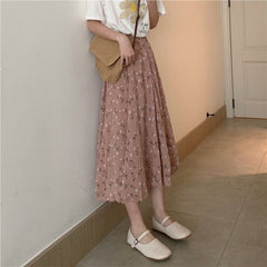 RAROVE Graduation Gift Back to School Season Vintage Floral Print A-line Pleated Long Skirts Summer Women Korean Skirt Streetwear Drawstring Elastic Waist Midi Skirt0309