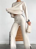 Rarove-Urban Loose Contrast Color Long Sleeves Round-Neck Sweater Tops & Pants Suits