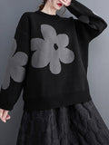 Rarove-Casual Loose Long Sleeves Contrast Color Jacquard Round-Neck Sweater Tops