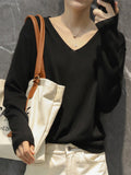 Rarove-Simple Solid Color V-Neck Long Sleeve Knitwear Tops