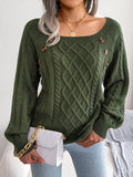 Rarove-Women's Sweaters Square Neck Button Long Sleeve Sweater