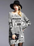 Rarove-Vintage Loose One-Shoulder Newspaper Printed Split-Joint Sweater