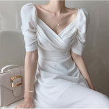 Rarove Retro V-neck Slim Waist Women Dress Elegant Puff- Sleeve White Female A-line Dress 2023 Summer Party Vestidos femme