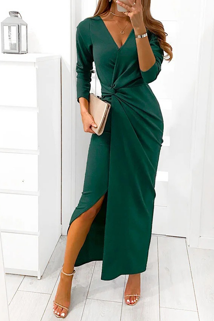 Rarove-Elegant Solid Slit Fold V Neck Evening Dress Dresses(4 Colors)