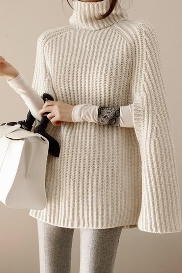 Rarove-Casual Street Solid Patchwork Turtleneck Tops Sweater (Without Belt)(4 Colors)