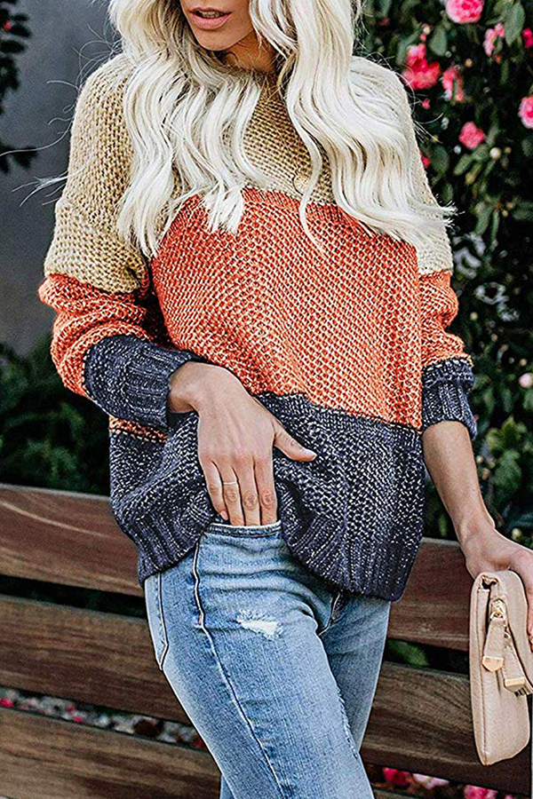 Rarove-Casual Patchwork Basic  Contrast O Neck Tops Sweater