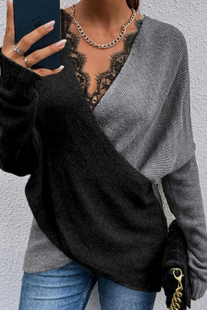 Rarove-Casual Patchwork Lace Contrast V Neck Sweaters(3 Colors)