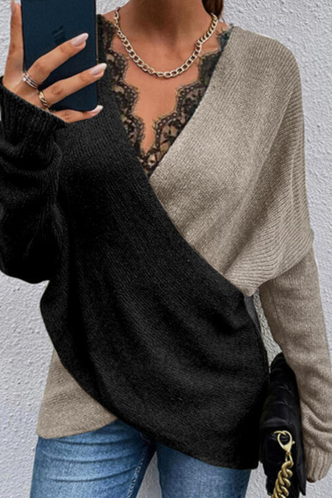 Rarove-Casual Patchwork Lace Contrast V Neck Sweaters(3 Colors)