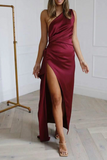 Rarove-Fashion Elegant Solid Patchwork Slit Oblique Collar Evening Dress Dresses(4 Colors)