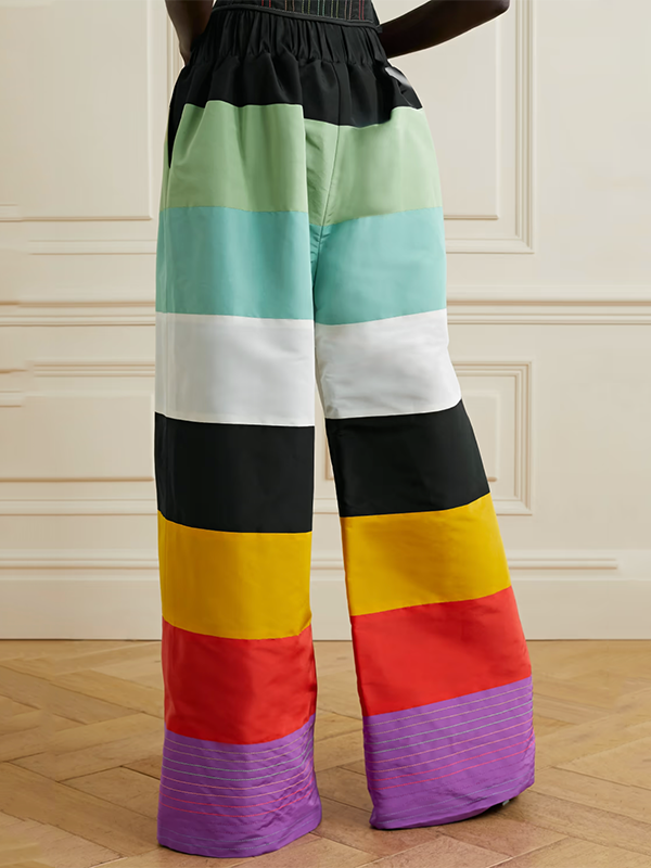 Rarove-Loose Wide Leg Contrast Color Striped Casual Pants Bottoms