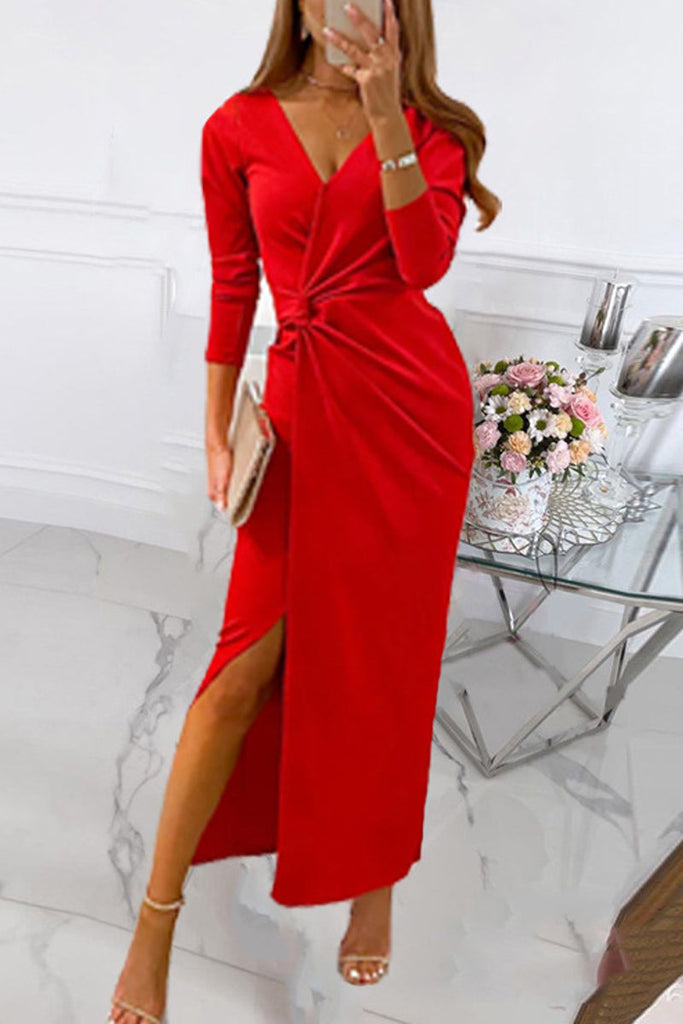 Rarove-Elegant Solid Slit Fold V Neck Evening Dress Dresses(4 Colors)