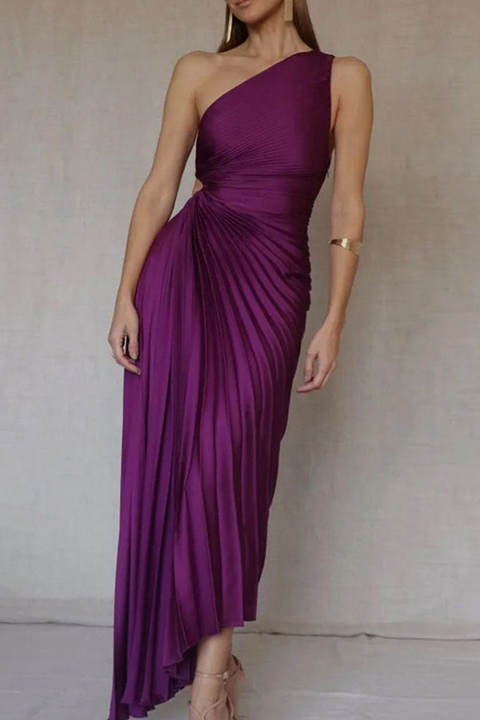 Rarove-Elegant Solid Patchwork Fold Asymmetrical Oblique Collar Evening Dress Dresses