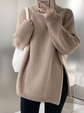Rarove-Urban Loose Long Sleeves Split-Side Solid Color Zipper Halter-Neck Sweater Tops