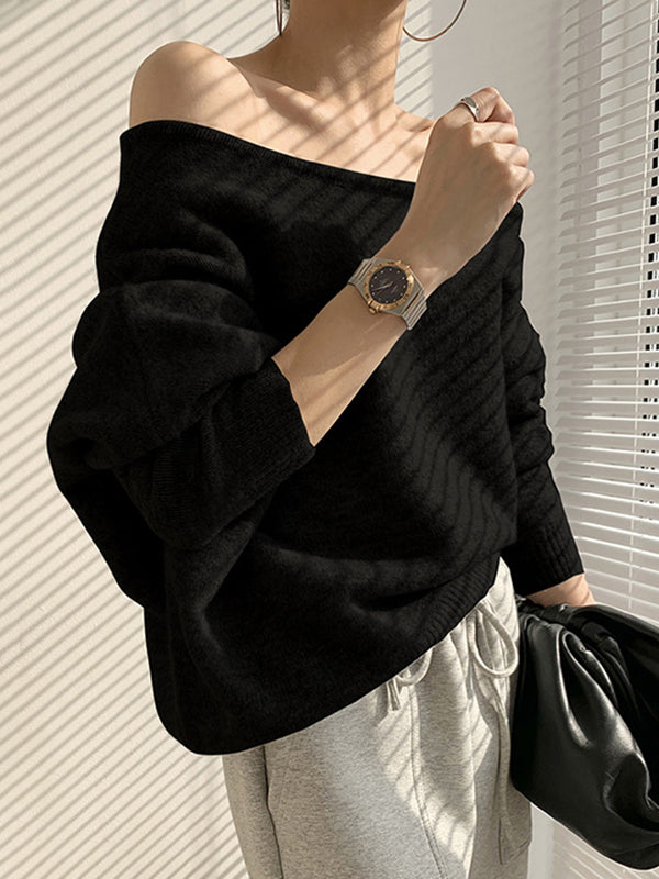 Rarove-Casual Loose Long Sleeves Solid Color Off-The-Shoulder Sweater Tops