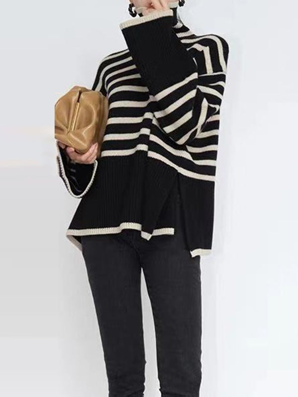 Rarove-Long Sleeves Loose Contrast Color Split-Joint Split-Side Striped High Neck Sweater Tops