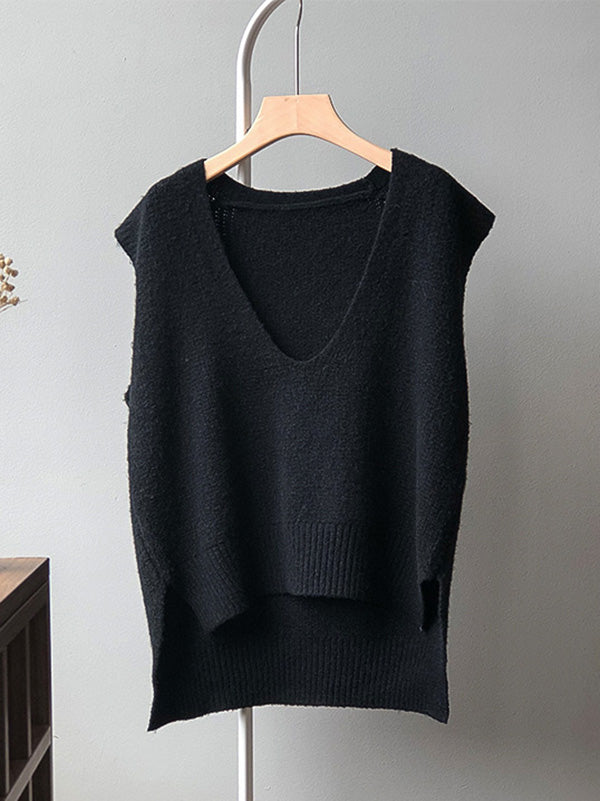 Rarove-Knitting Irregularity Solid V-Neck Vest