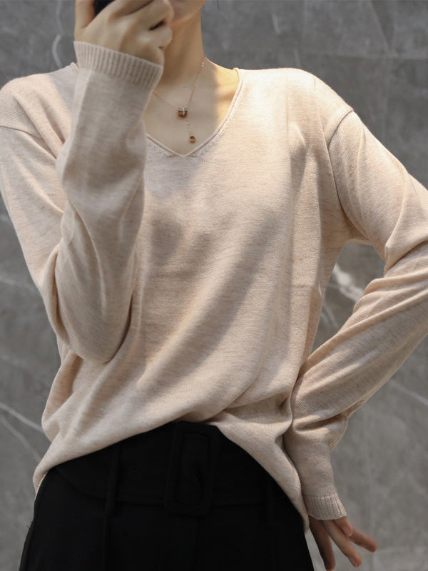Rarove-Simple Solid Color V-Neck Long Sleeve Knitwear Tops