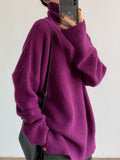 Rarove-Casual Long Sleeves Loose Solid Color High-Neck Sweater Tops