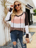 Rarove-Women's Sweater Hollow Out Knit Hooded Striped Color Block Sweater