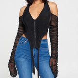 Ruched Patchwork Women Crop Top Mesh Halter See Through Long Sleeve Off Shoulder Zipper Bodycon Sexy Club Streetwear