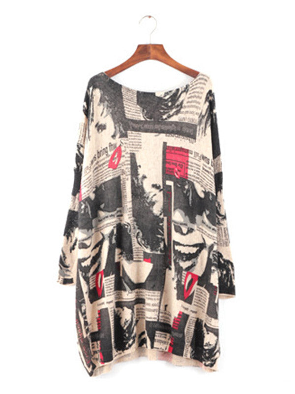 Rarove-Urban Loose One-Shoulder Printed Split-Joint Sweater