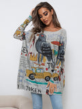 Rarove-Casual Long Sleeves Loose Cartoon Printed Contrast Color Round-Neck Sweater Tops