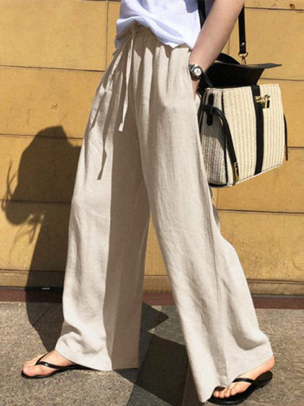 Rarove-High Waisted Loose Drawstring Pockets Solid Color Pants Trousers