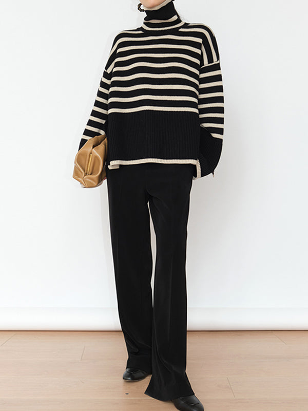 Rarove-Long Sleeves Loose Contrast Color Split-Joint Split-Side Striped High Neck Sweater Tops