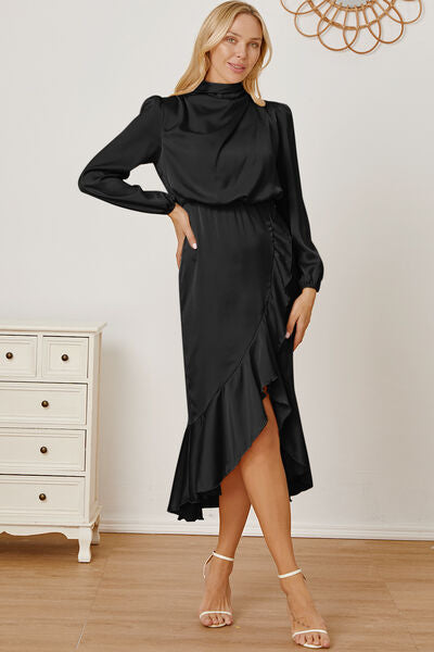 RAROVE-European and American women's clothing, minimalist style, casual fashion Mock Neck Ruffled Asymmetrical Dress