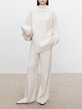 Rarove-Solid Color Long Sleeves High-Neck Sweater Top + Wide Leg Pants Bottom Two Pieces Set