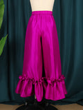 Rarove-Loose Wide Leg Buttoned Falbala High-Waisted Solid Color Flared Trousers Pants
