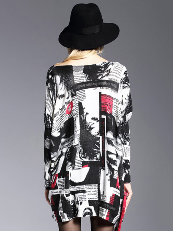 Rarove-Urban Loose One-Shoulder Printed Split-Joint Sweater