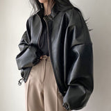 RAROVE-Solid Big Pocket Drawstring Collar Neck Leather Jacket