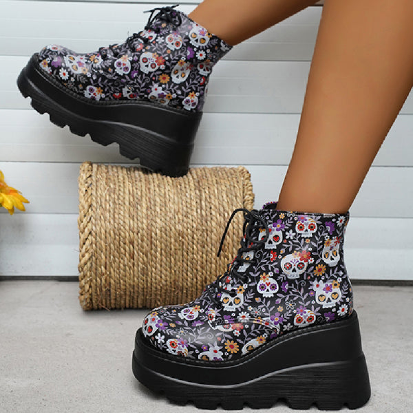 Rarove- Black Casual Patchwork Frenulum Printing Round Comfortable Out Door Shoes (Heel Height 3.15in)