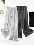 Rarove-High Waisted Loose Drawstring Elasticity Solid Color Casual Pants Bottoms Trousers