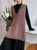 Rarove-Trendy Sleeveless Split-Side Solid Color V-Neck Knitted Vest