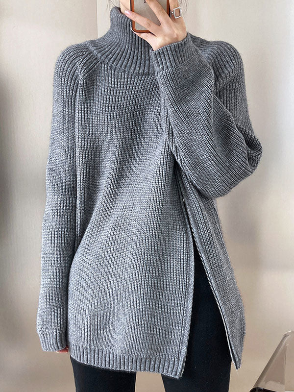Rarove-Urban Loose Long Sleeves Split-Side Solid Color Zipper Halter-Neck Sweater Tops