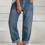Rarove Rolled Hem Single-breasted Closure Denim Pants Straight Legs Loose Fit Casual Denim Jeans Women's Denim Jeans & Clothing