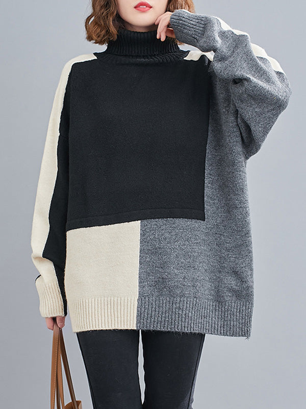 Rarove-Stylish Split-Joint High-Neck Knitting Sweater