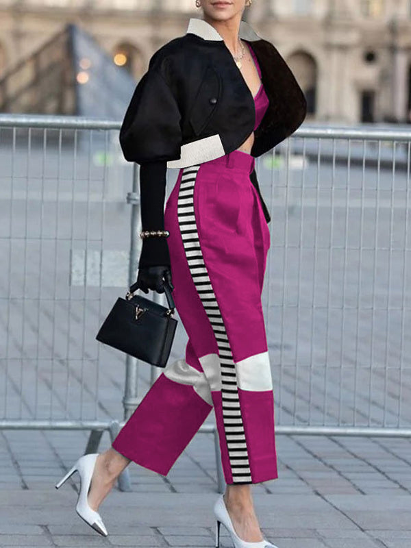 Rarove-High Waisted Contrast Color Pants Trousers