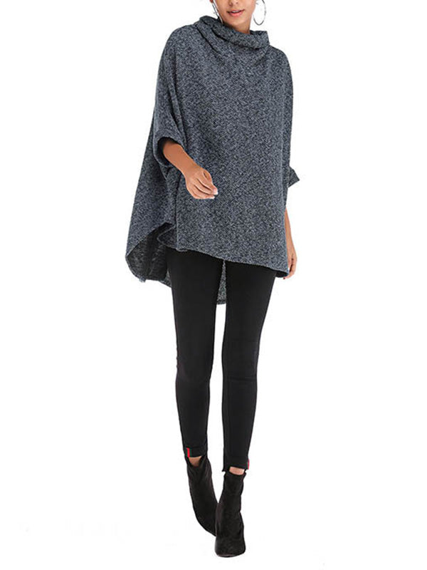 Rarove-Batwing Sleeves High-Low Solid Color High Neck Knitwear Pullovers Sweater Tops