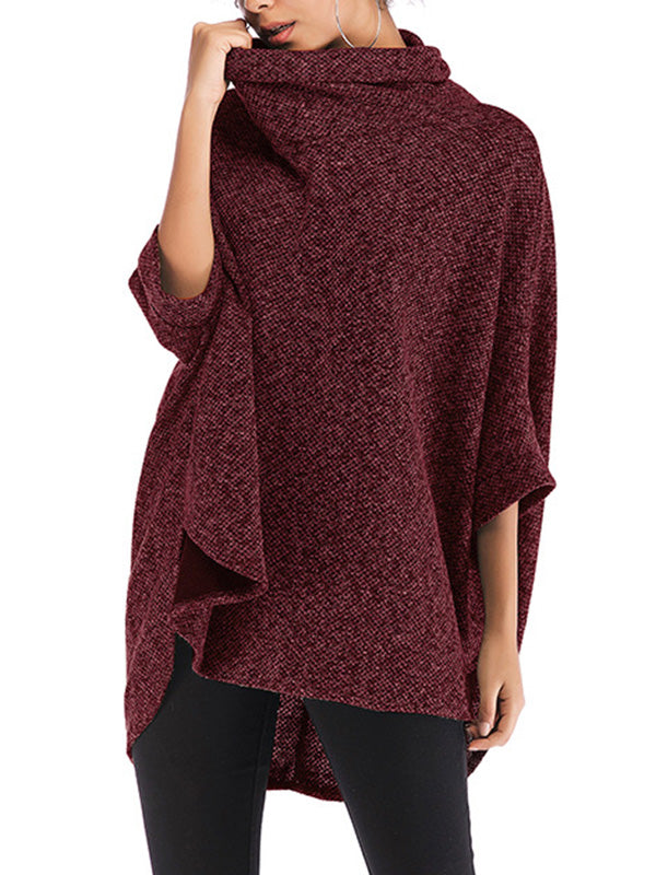 Rarove-Batwing Sleeves High-Low Solid Color High Neck Knitwear Pullovers Sweater Tops