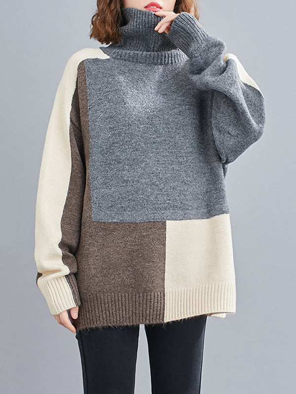 Rarove-Stylish Split-Joint High-Neck Knitting Sweater