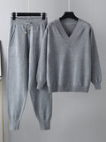Rarove-Casual Loose Harem Pants Solid Color V-Neck Sweater Tops Pants Two Pieces Set